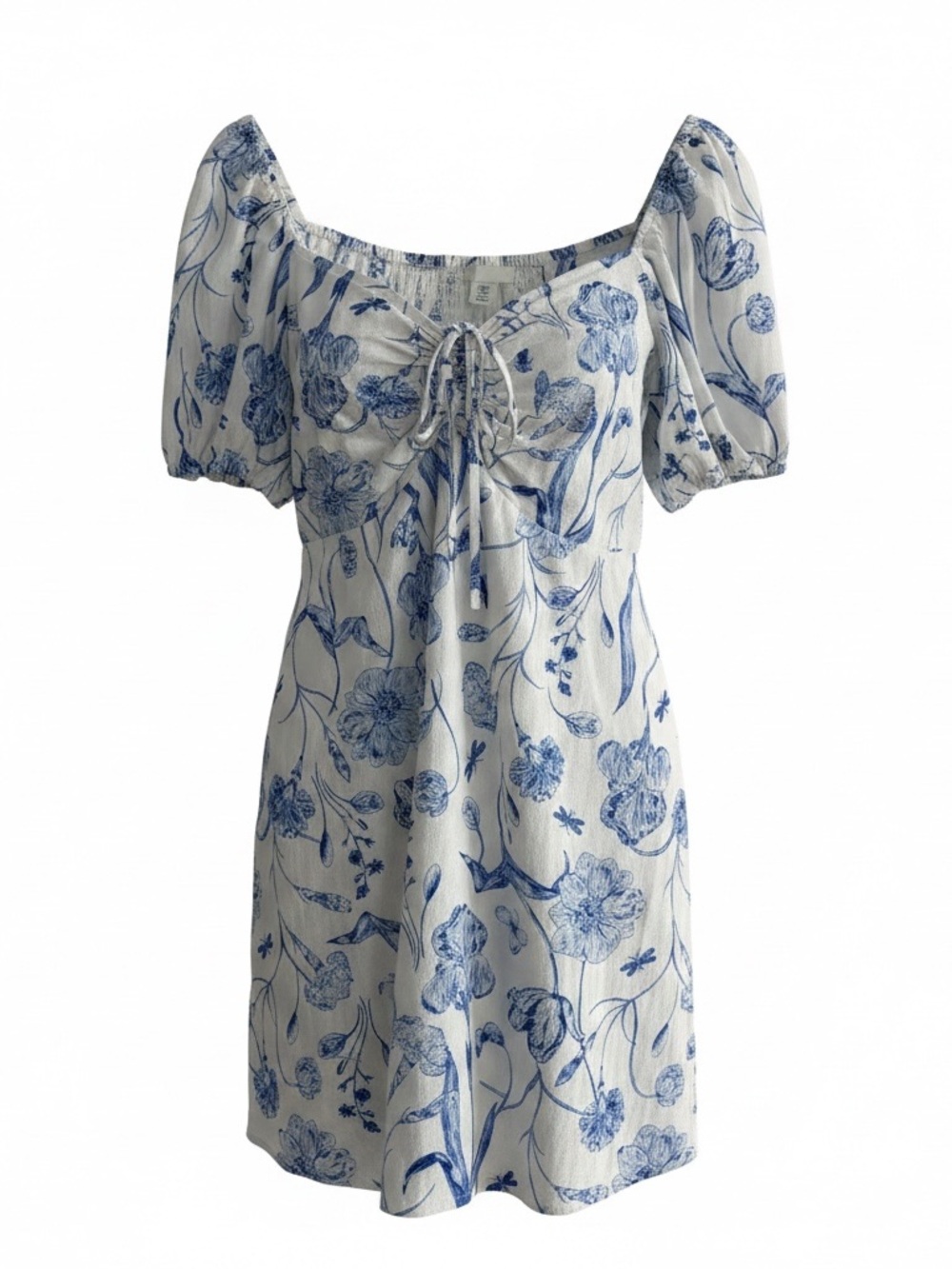 H&M White Dress with Blue Floral Print and Tie Front